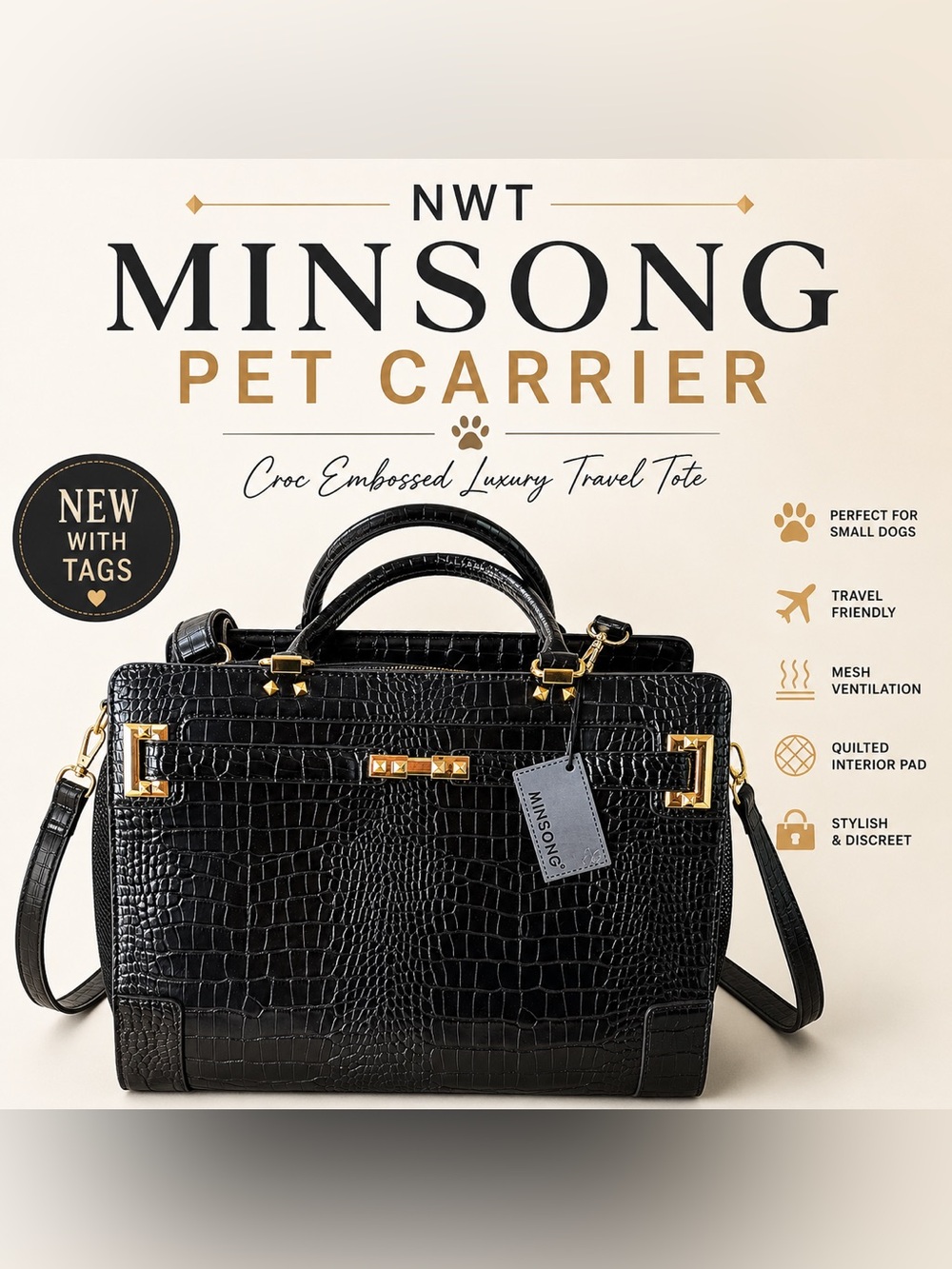 Black Croc Embossed Luxury Pet Carrier NWT